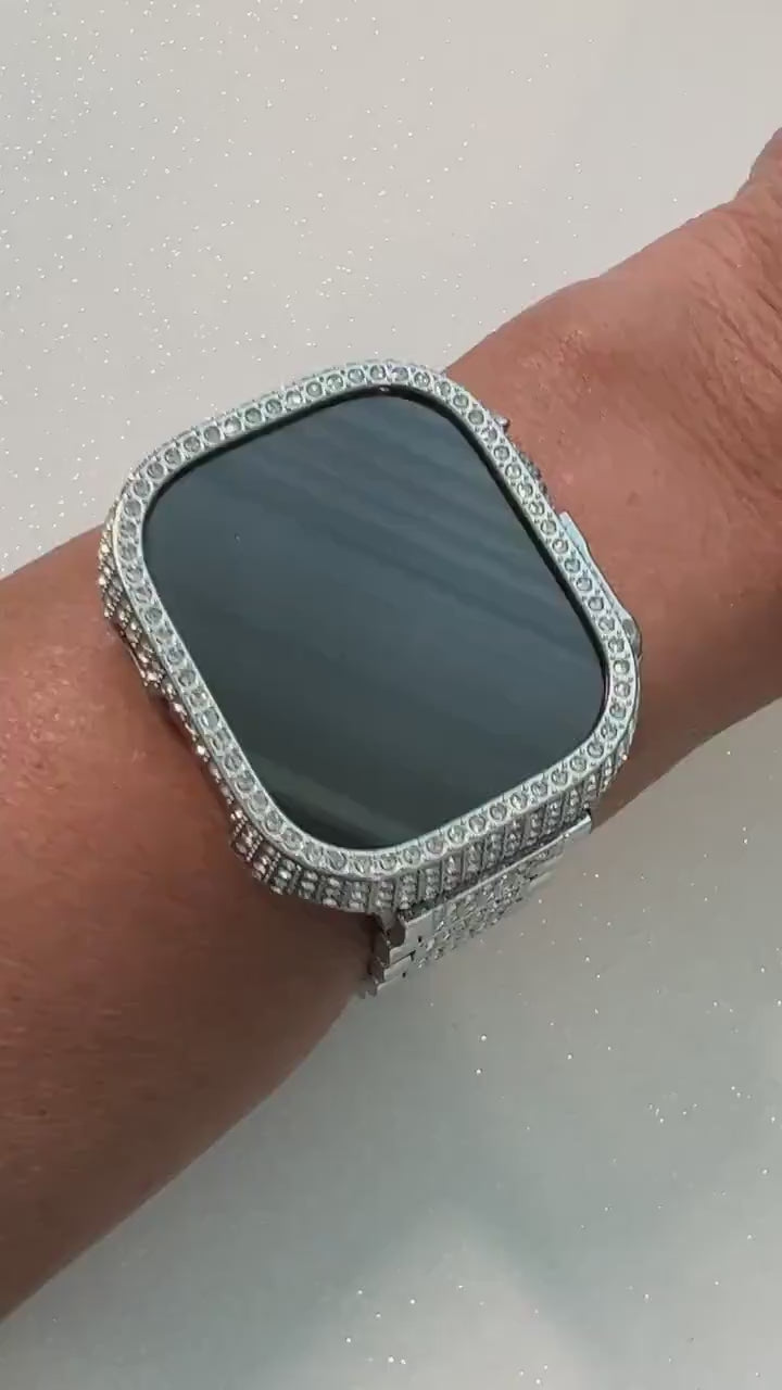 Luxury Apple Watch Band 49mm Ultra Men Women Silver High End Crystal Stainless Steel & or Apple Watch Cover Bumper Case Iwatch Candy Bling