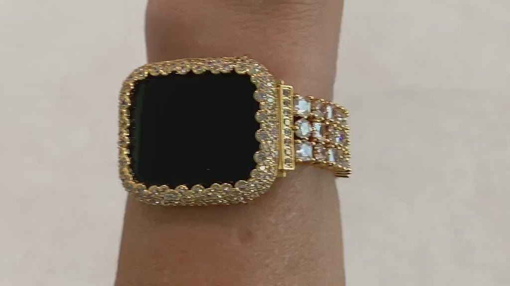 Custom Apple Watch Band Women Gold Swarovski Crystal 38mm 40mm 41mm 42mm 44mm 45mm 46mm 49mm Ultra & or Apple Watch Cover Lab Diamond Bezel