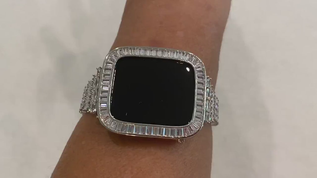 High End Apple Watch Band Womens Silver Crystals & or Apple Watch Case Baguette Lab Diamond Bezel Apple Watch Cover Bling 38-46mm