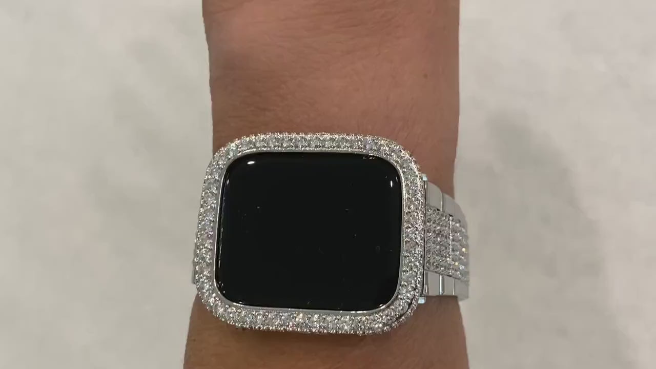 Designer Apple Watch Band Womens Silver & or Apple Watch Cover Lab Diamond Bezel Case Bling 38mm 40mm 41mm 42mm 44mm 45mm 49mm Ultra Bling