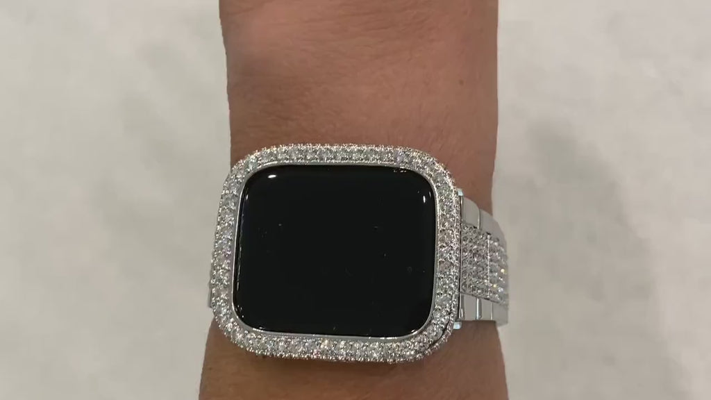 Designer Apple Watch Band Womens Silver & or Apple Watch Cover Lab Diamond Bezel Case Bling 38mm 40mm 41mm 42mm 44mm 45mm 49mm Ultra Bling