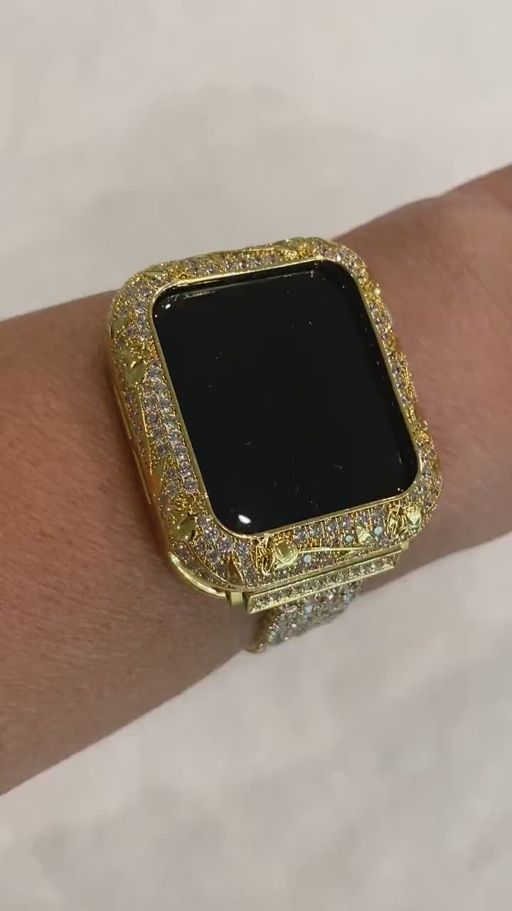 Bling Apple Watch Band Womens Gold Swarovski Crystals & or Apple Watch Case Lab Diamond Bezel Cover 38mm 40mm 42mm 44mm Iwatch Candy