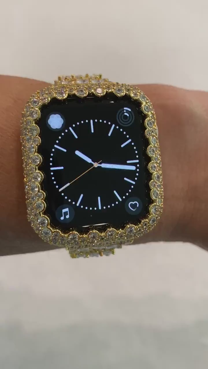 Designer Apple Watch Band Women Gold Swarovski Crystal & or Apple Watch Case Pave Lab Diamond Bezel Cover 38mm-49mm Smartwatch Bumper Bling