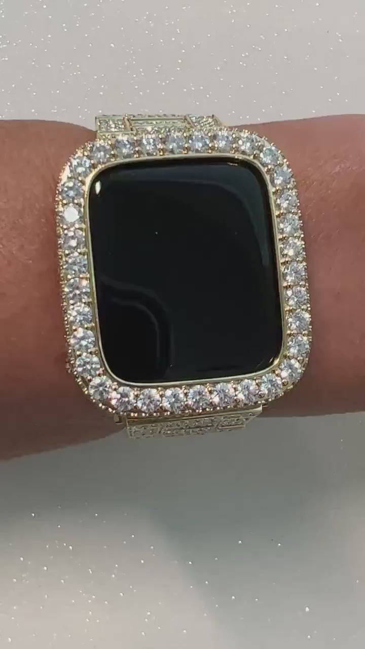 Mens Apple Watch Band Women Gold Pave  Crystals & or Apple Watch Cover 3.5mm Lab Diamond Bezel Smartwatch Bumper Case Iwatch Candy