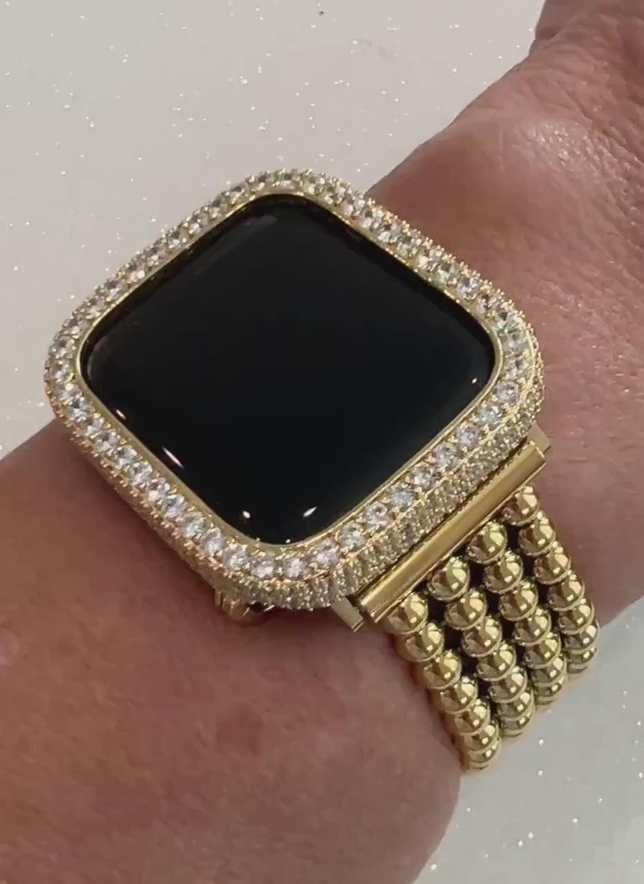 Gold Apple Watch Band Women Four Row Beaded 38mm-49mm Ultra, Iwatch Phone band & or Apple Watch Case Lab Diamond Bezel Cover Gift