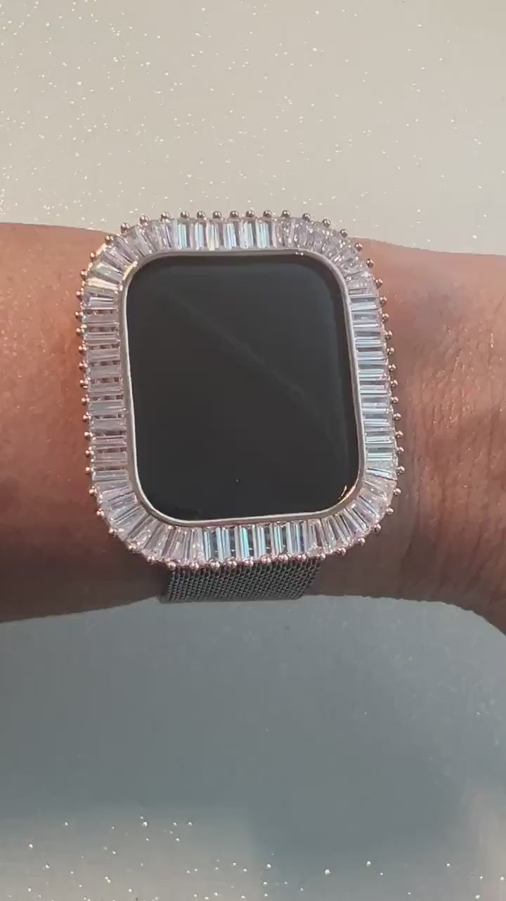 Apple Watch Case 41mm 45mm Large Baguettes Lab Diamond Bezel Rose Gold Apple Watch Cover Series 7/8/9 Iwatch Candy Bling