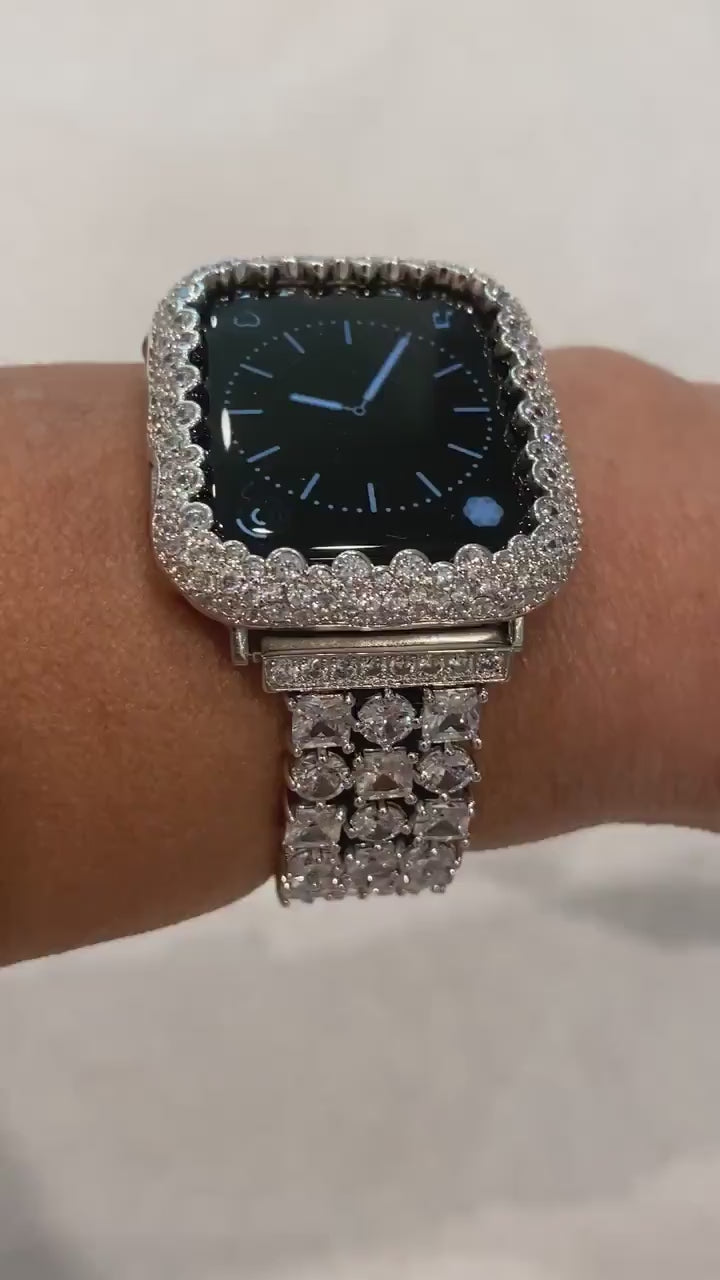 Womens Silver Apple Watch Band Swarovski Crystal 38mm-49mm Ultra & or Apple Watch Cover Lab Diamond Iwatch Case Bling Series 10