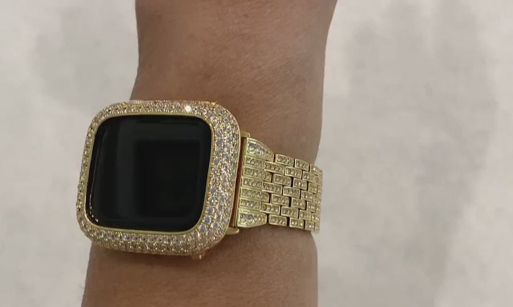 Iced Out Gold Apple Watch Band Stainless Steel Swarovski Crystal & or Apple Watch Case Pave Lab Diamonds 38mm-49mm Ultra Series 10-11