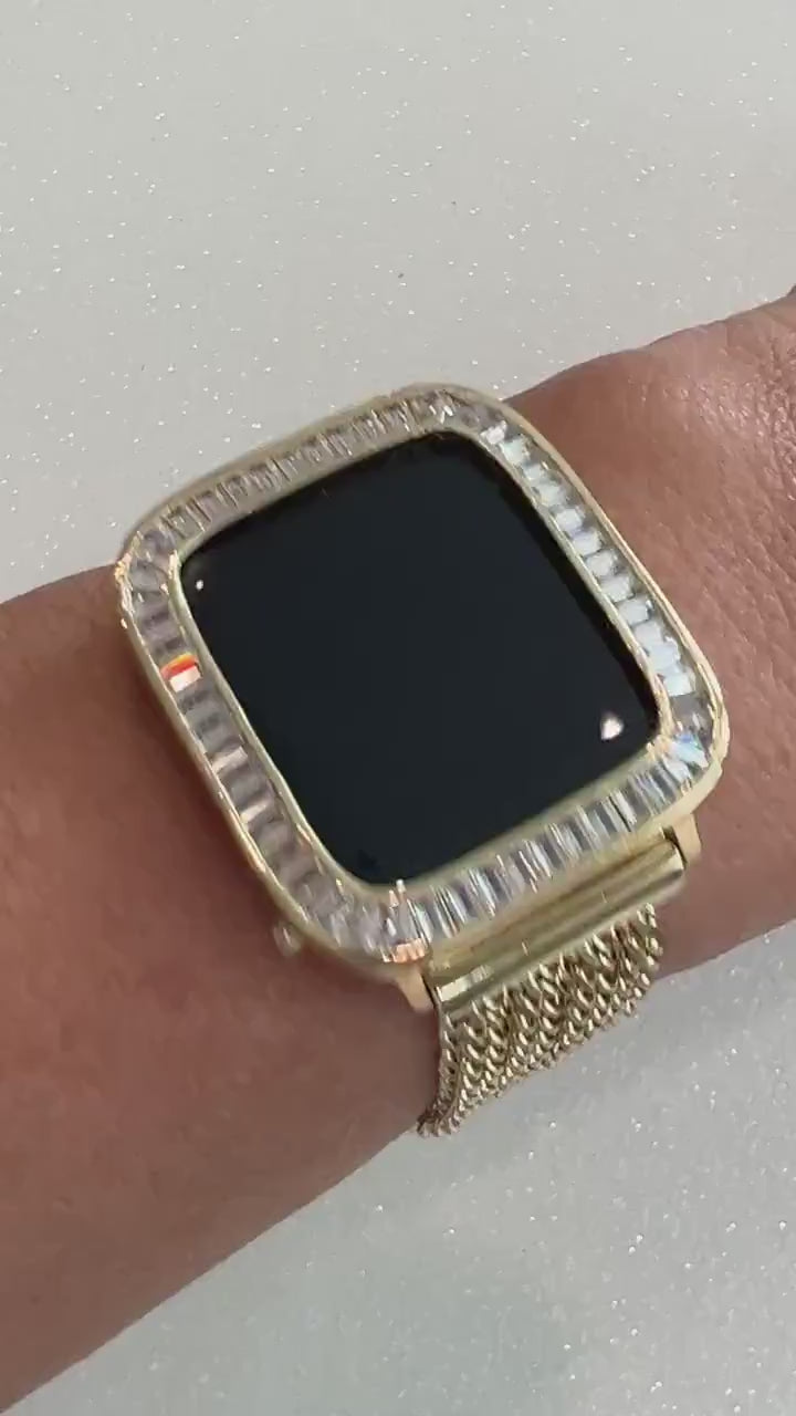 Series 10-12 Yellow Gold Apple Watch Band Women Chain Link 38mm-46mm Ultra, Iwatch Phone band & or Apple Watch Case Lab Diamond Bezel Cover