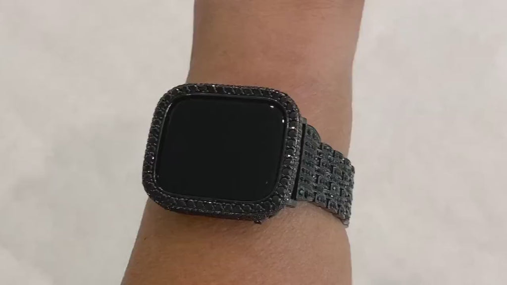 Black on Black Apple Watch Band Stainless Steel Swarovski Crystal & or Apple Watch Cover Lab Diamond Bezel 38mm-49mm Ultra Series 2-11