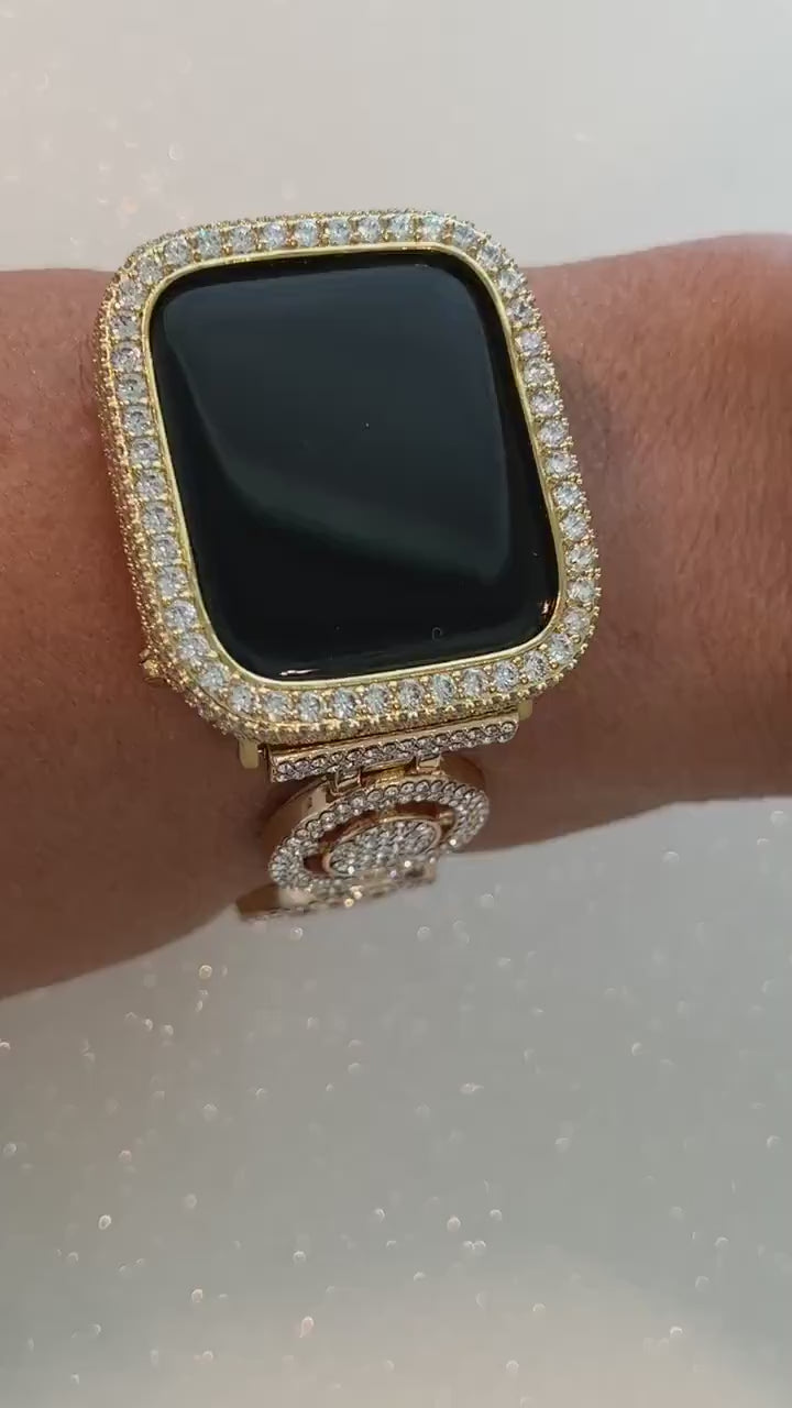 Womens Apple Watch Band Gold Pave Swarovski Crystal 38-49mm & or Apple Watch Cover Lab Diamond Bezel Apple Watch Case Iwatch Candy Bling