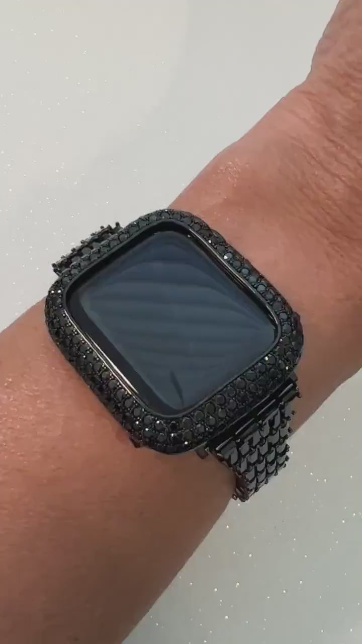 Apple Watch Band Women Designer Black Swarovski Crystals 38mm-49mm & or Apple Watch Cover Black Lab Diamond Bezel Iwatch Candy Case Bling