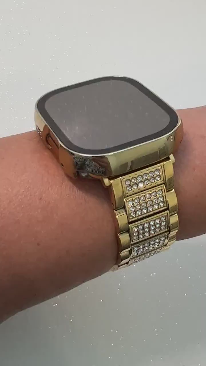Apple Watch Band Yellow Gold 49mm Ultra  Crystals & or Apple Watch Cover Tempered Glass Screen Protector Poly Carbonate Case