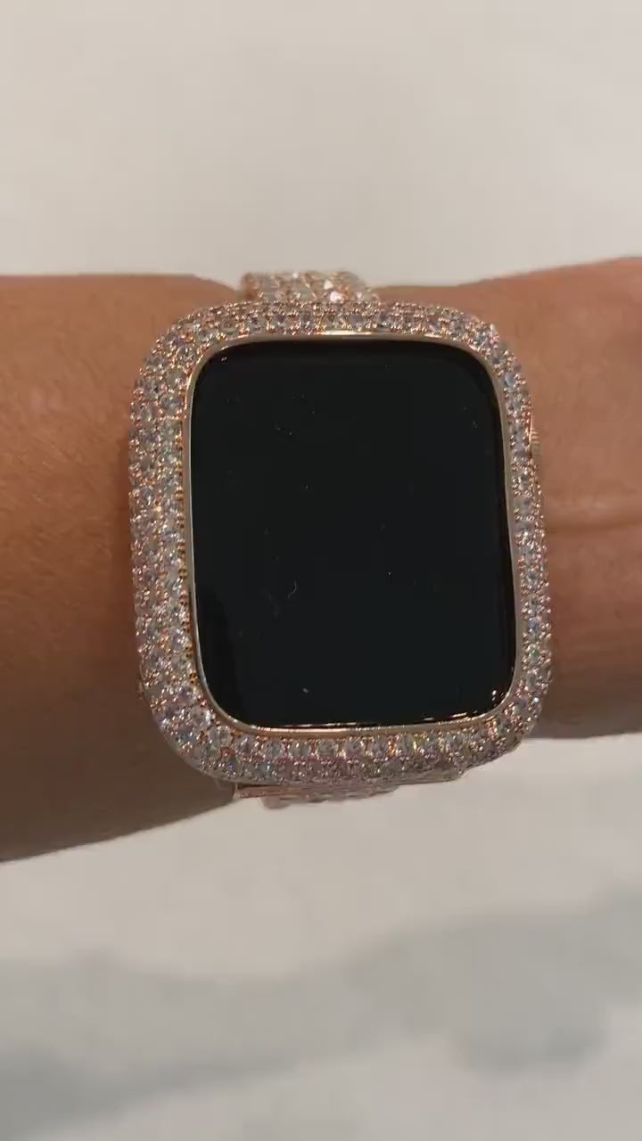 Rose Gold Apple Watch Band Womens Swarovski Crystal Iphone Watch Bracelet & or Apple Watch Case Lab Diamond Bezel Cover 38mm-49mm Ultra