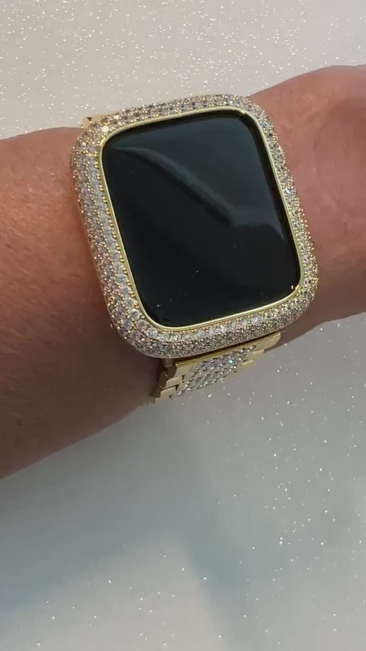 High End Apple Watch Band Gold Stainless Steel Swarovski Crystal & or Apple Watch Cover Lab Diamond Bezel 38mm-49mm Iwatch Case Series 10-11