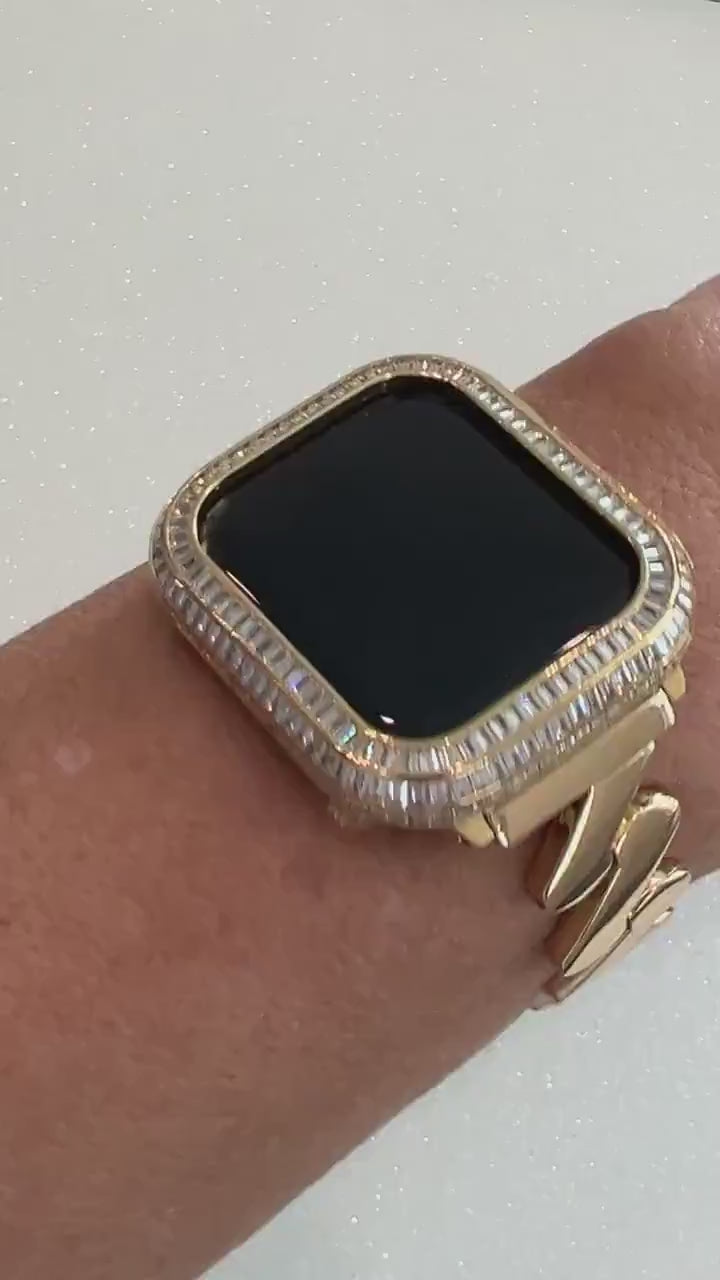 Designer Apple Watch Band Gold Women Minimalist, Iwatch Phone Bracelet & or Apple Watch Case Baguette Lab Diamond Bezel Cover Gift for Her
