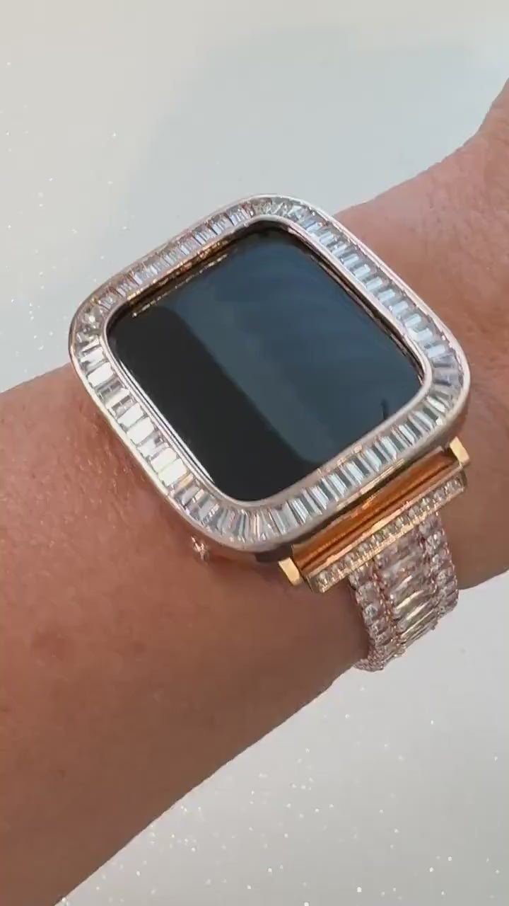 Series 10-11 Rose Gold Apple Watch Band Womens Bracelet Baguette Swarovski Crystals & or Apple Watch Case Lab Diamond Bezel 38mm-46mm