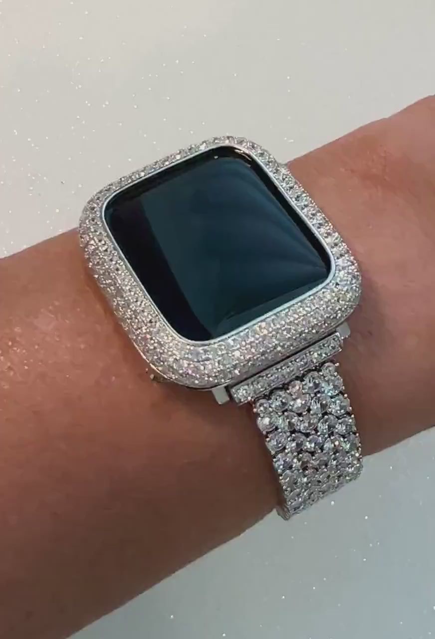 Luxury Apple Watch Band Womens,  Silver Crystal Bracelet & or Apple Watch Case, Lab Diamond Bezel, Bling Iwatch Cover