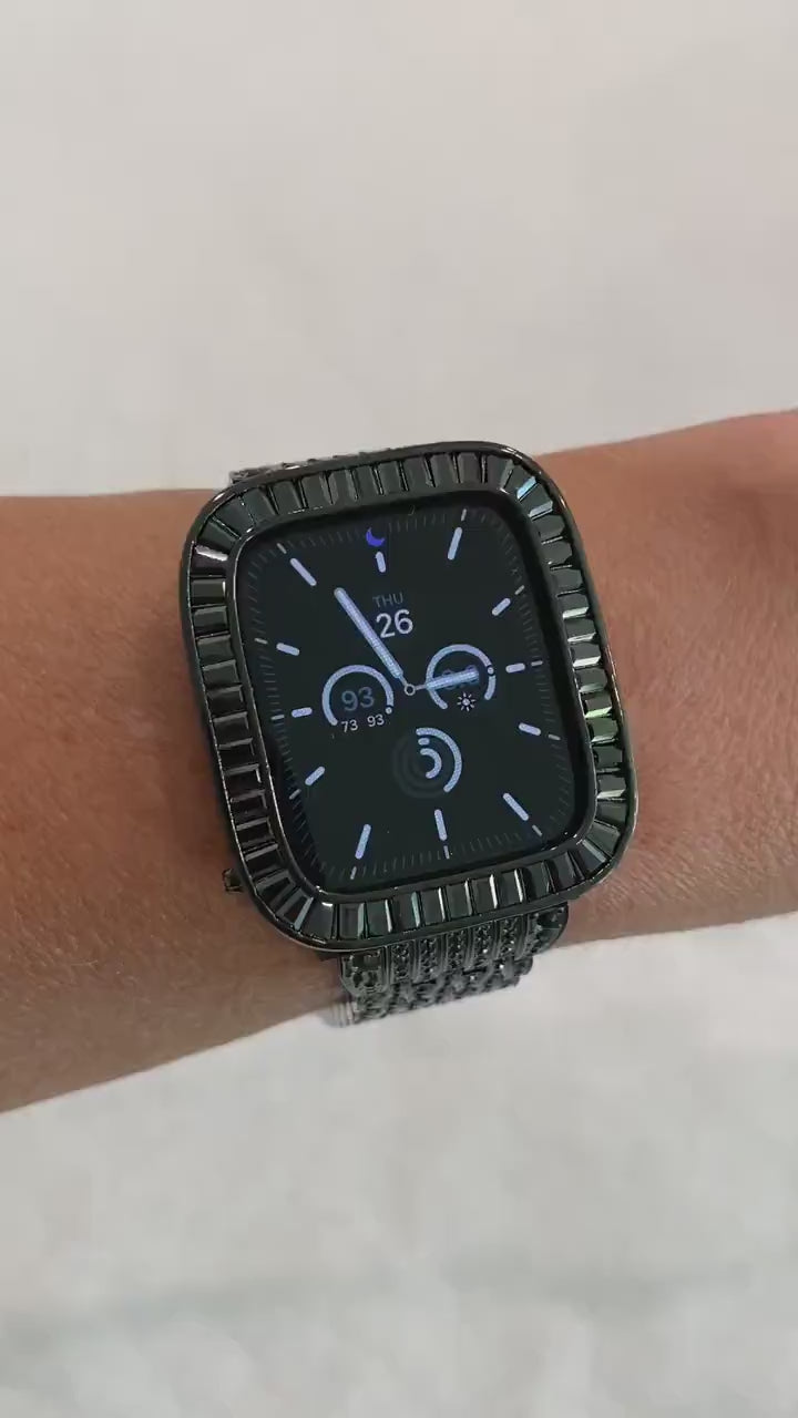 Black on Black Apple Watch Cover with Baguette Lab Diamonds set in 14K Rhodium Sizes 38mm 40mm 41mm 42mm 44mm 45mm Iphone Watch Case Bling