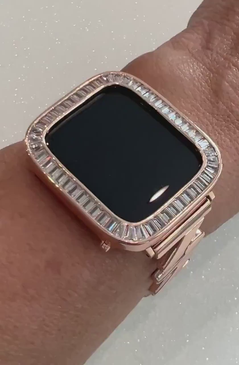 Series 10-11 Apple Watch Band Women Rose Gold 38mm-46mm, Iwatch Phone band Bracelet & or Apple Watch Case Baguette Lab Diamond Bezel