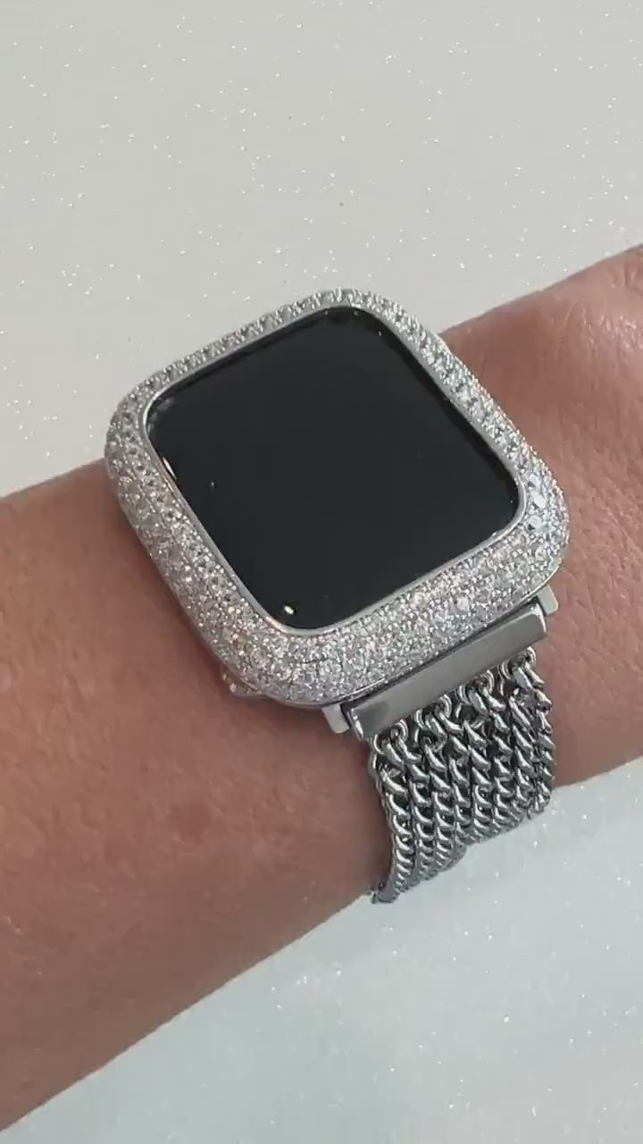 Silver Apple Watch Band Women Chain Link Bracelet 38mm-49mm Ultra, Iwatch Phone band & or Apple Watch Case Lab Diamond Bezel Cover Bling
