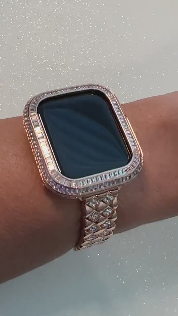 Luxury Rose Gold Apple Watch Band,  Womens High End Crystal Bracelet & or Apple Watch Cover, Lab Diamond Baguette Case Iwatch Candy Bling
