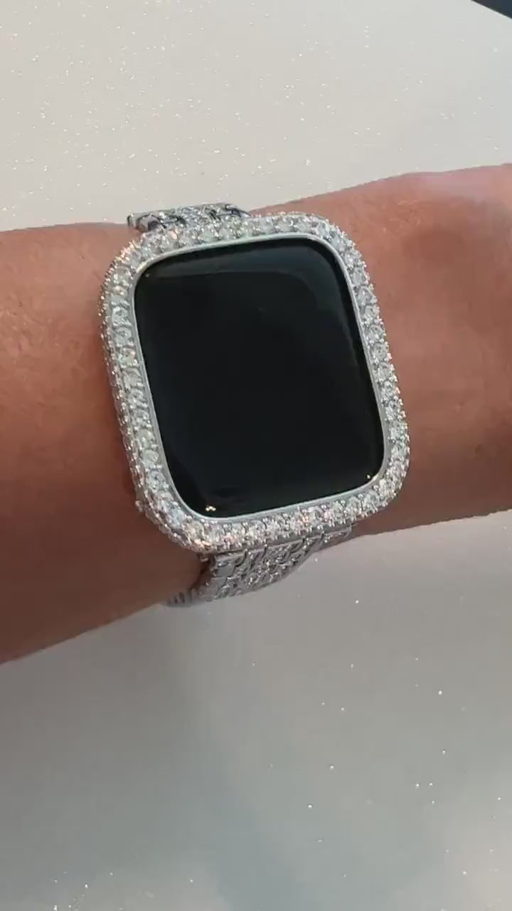 Designer Silver Apple Watch Band Women Swarovski Crystal Bracelet & or Apple Watch Cover Lab Diamond Bezel 38 40 41 42 44 45 46 49mm Ultra