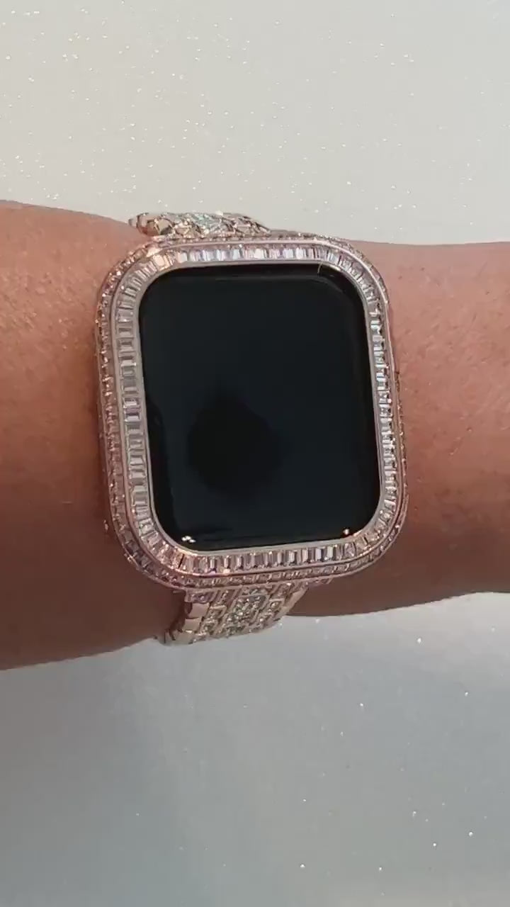 Luxury Apple Watch Band Womens Rose Gold Crystals & or Apple Watch Case Baguette Lab Diamonds Bumper Cover Iwatch Candy Bling