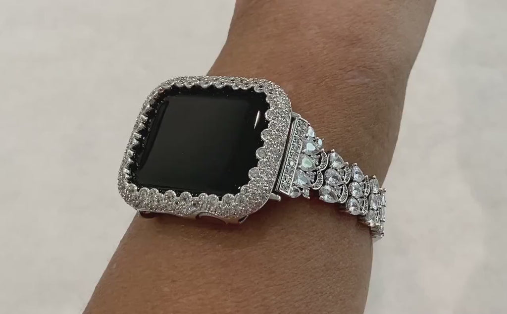 White Gold Apple Watch Band 49mm Ultra 41mm 45mm Swarovski Crystals & or Apple Watch Case Lab Diamond Bezel Bumper Cover Iwatch Candy