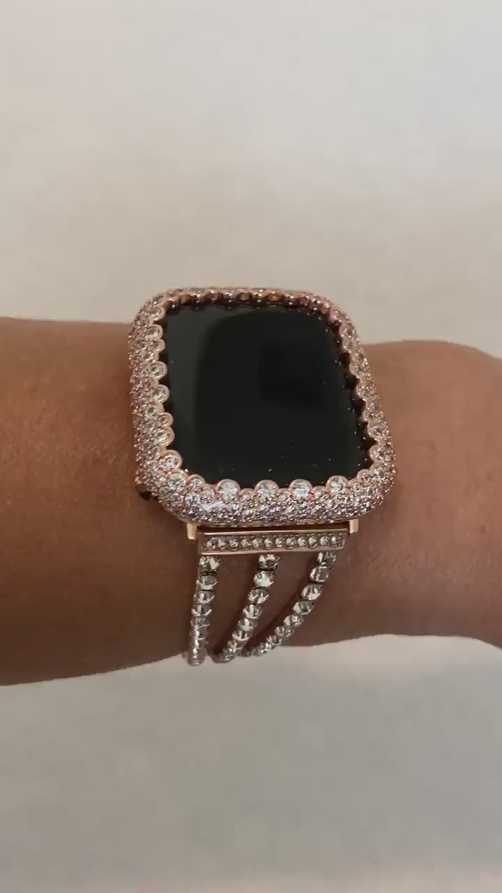 Rose Gold Apple Watch Band Bracelet Womens Swarovski Crystal & or Apple Watch Cover for Iphone Watch Lab Diamond Bezel 38mm-49mm Ultra Bling