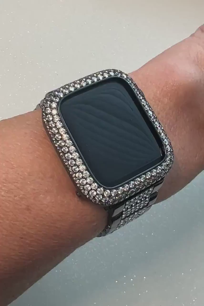Black Apple Watch Band Womens Mens Stainless Steel Swarovski Crystals & or Apple Watch Cover Lab Diamond Bezel Iphone Watch Case 38mm-49mm