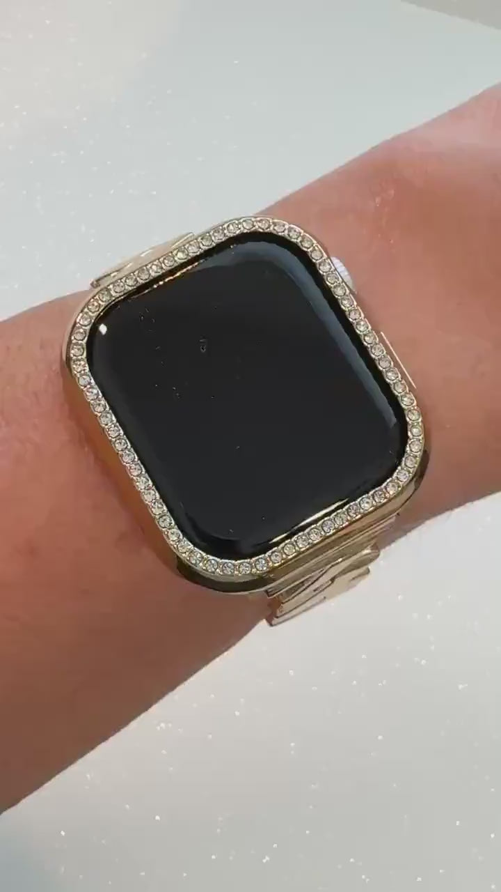 Apple Watch Band Series 10-12 42mm 46mm Yellow Gold & Or Apple Watch Cover Swarovski Crystal Iphone Watch Case 41mm 45mm 49mm Ultra Bling