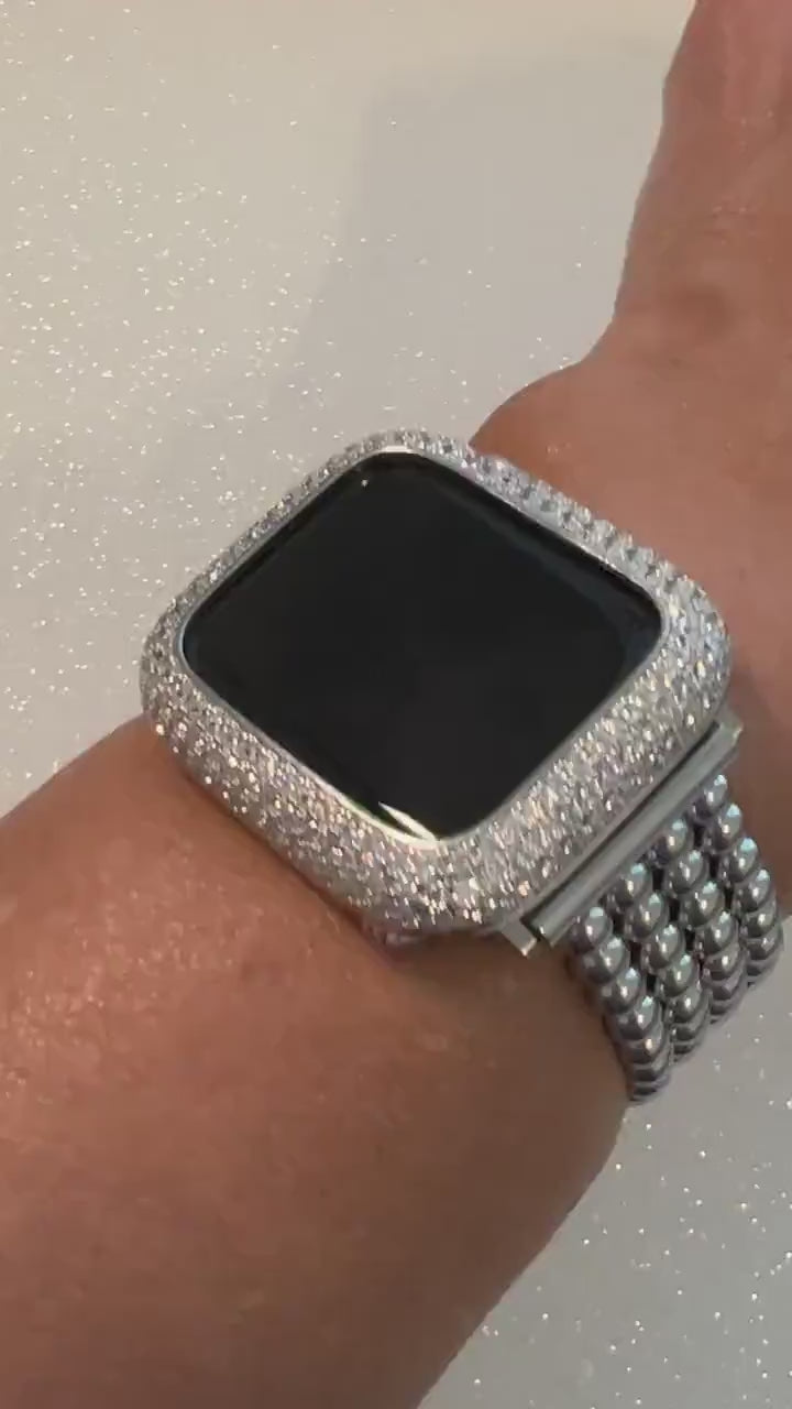 Silver Apple Watch Band Women Stainless Steel Beaded 38mm-49mm Ultra, Iwatch Phone band & or Apple Watch Case Lab Diamond Bezel Cover