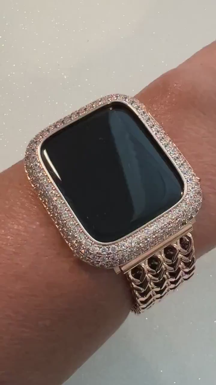 Rose Gold Apple Watch Band Stainless Steel Womens Iphone Watch Bracelet & or Apple Watch Case Lab Diamond Bezel 38mm-49mm Ultra Iwatch Candy