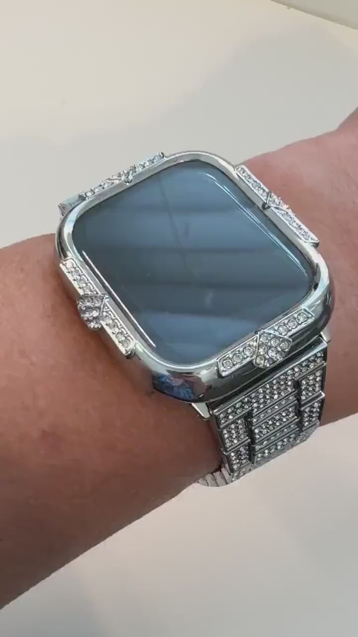 Series 10-11 Silver Apple Watch Band 41mm Women Swarovski Crystal & or Apple Watch Case Swarovski Crystals Iphone Watch Cover Tempered Glass