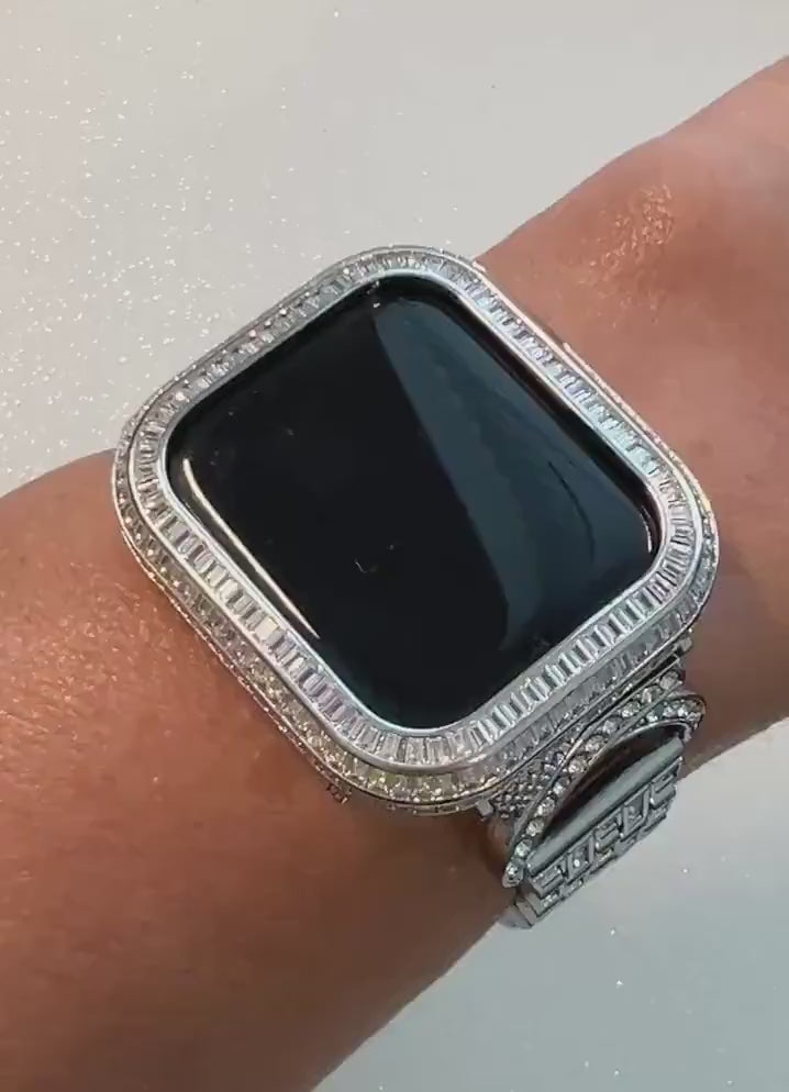 Designer Apple Watch Band Women 40mm 41mm 44mm 45mm Silver Crystal & or Apple Watch Case Lab Diamond Bezel Apple Watch Cover