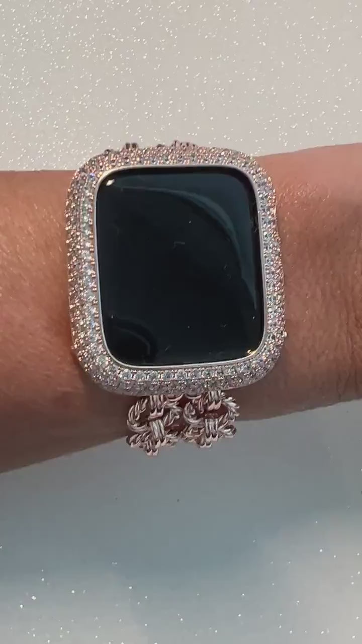 Rose Gold Chain Apple Watch Band, Iphone Watch Bracelet & or Apple Watch Case Lab Diamond Bezel Iwatch Cover 39mm-49mm Ultra Series 2-11 SE