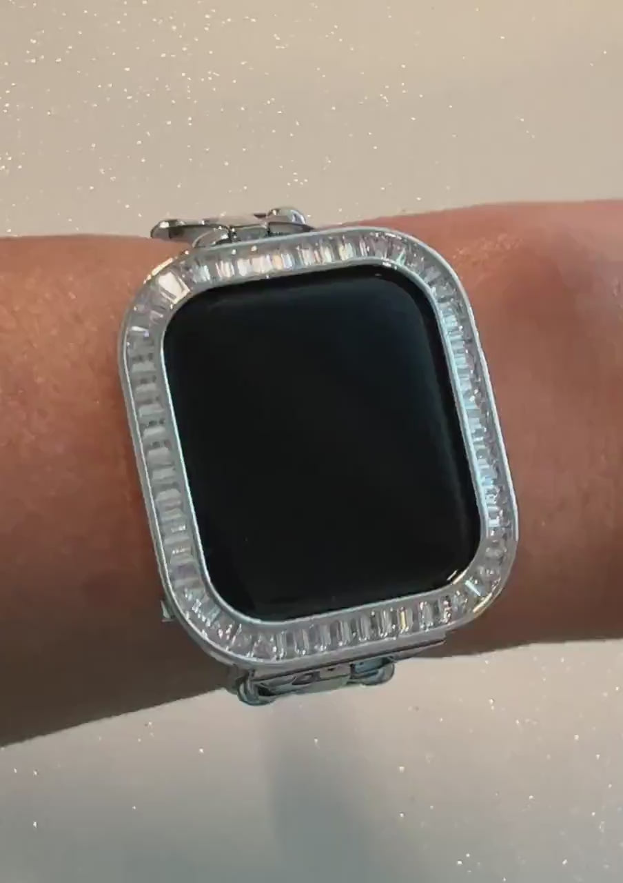 Silver Apple Watch Band Womens Bracelet 38mm-45mm Minimalist, Iwatch Phone band & or Bling Apple Watch Case Lab Diamond Bezel Cover Gift