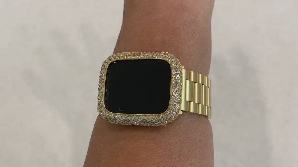 Apple Watch Band Mens Gold Stainless Style & or Apple Watch Cover Lab Diamond Bezel Case Smartwatch Bumper 38mm-49mm Ultra Series 1-11 SE