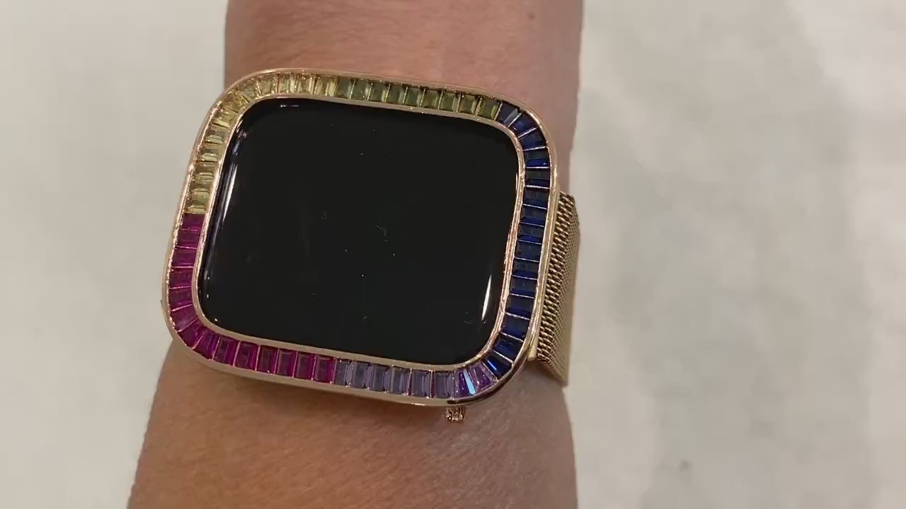 Rose Gold Rainbow Apple Watch Case Baguette Lab Diamond Bezel 38mm-46mm Series 2-11