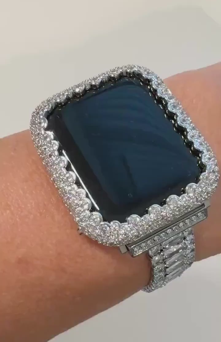 White Gold Apple Watch Band Womens Swarovski Crystals & or Silver Lab Diamond Apple Watch Bezel Cover 38mm-49mm Series 2-11