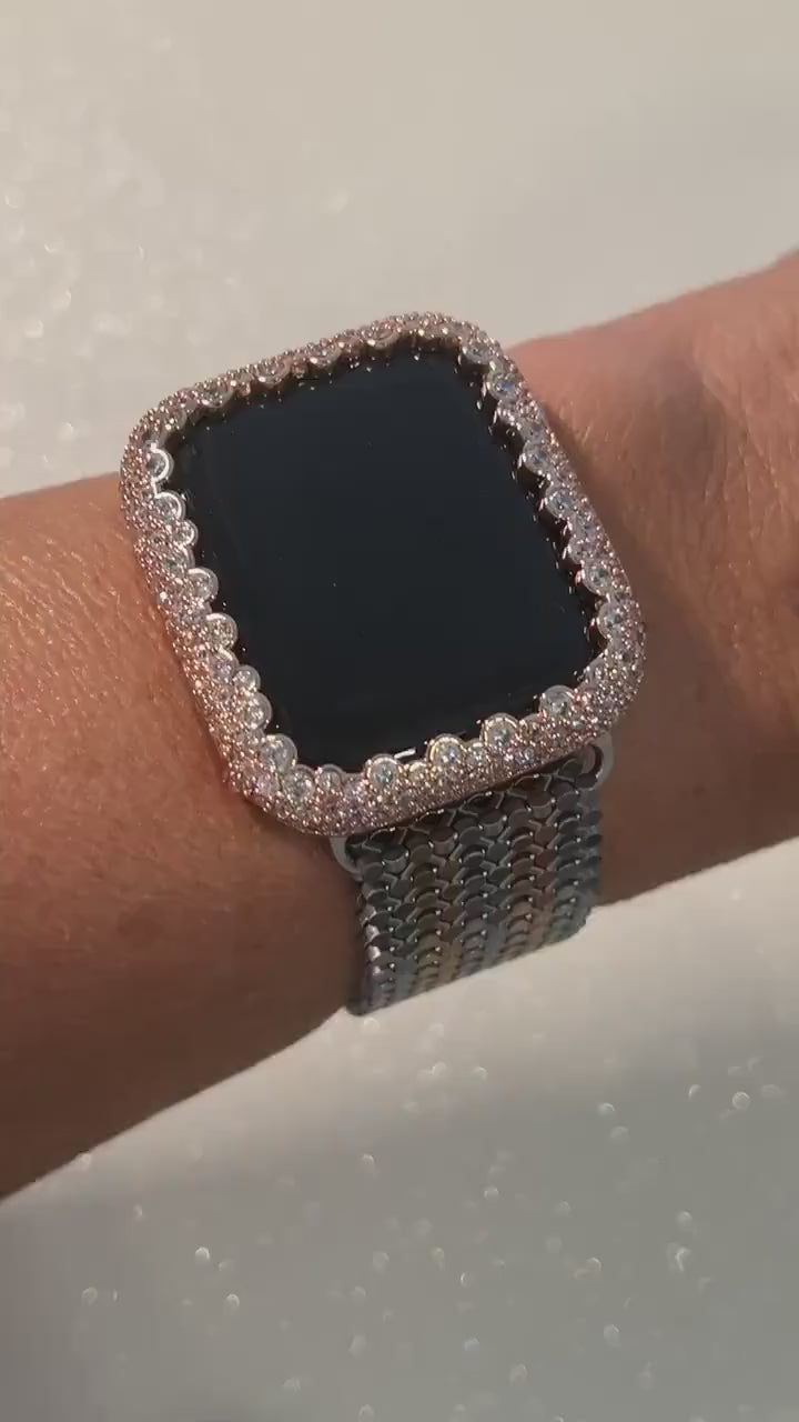 Stainless Steel Milanese Apple Watch Band, Rose Gold -Silver Two Tone & Apple Watch Case Lab Diamond Bezel Iwatch Cover