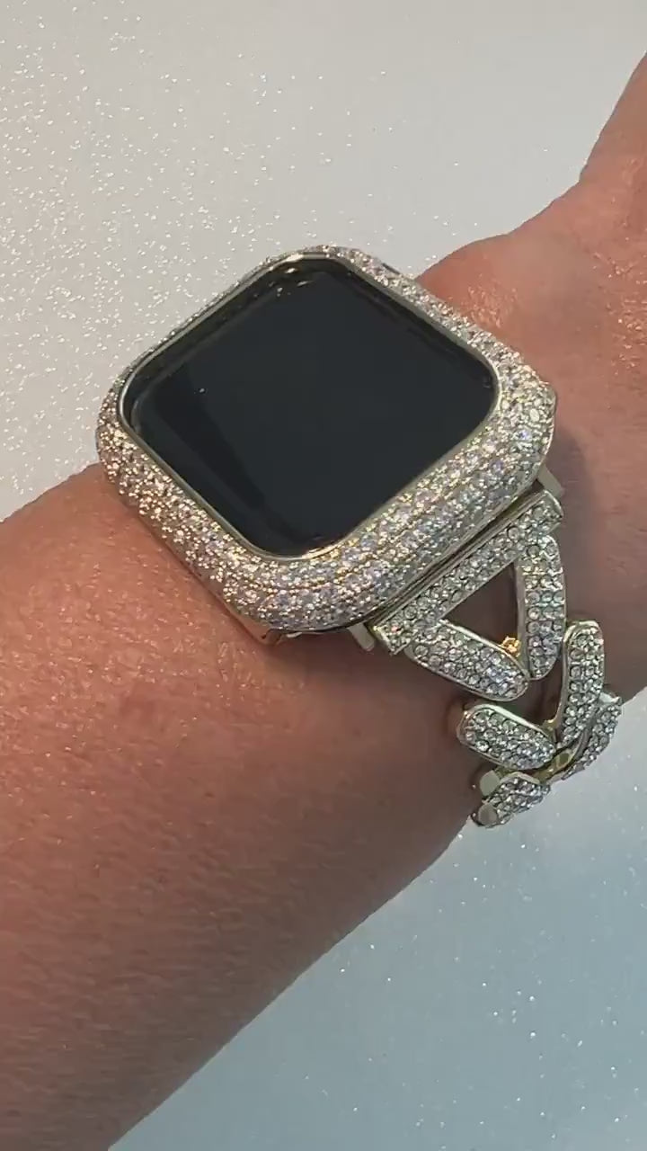 Designer Apple Watch Band Woman Gold Crystal Heart Charm & or Apple Watch Case Lab Diamond Bezel 38mm-49mm Apple Watch Cover Series 10-11
