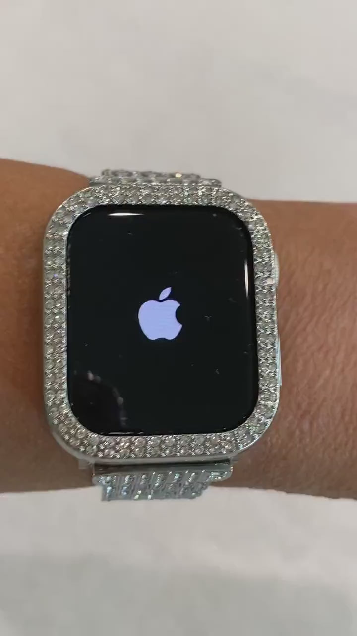 Silver Apple Watch Band Women, Stainless Steel Crystal Bling Band, Apple Watch Cover, Tempered Glass Screen Protector,  Series 12 38mm-49mm