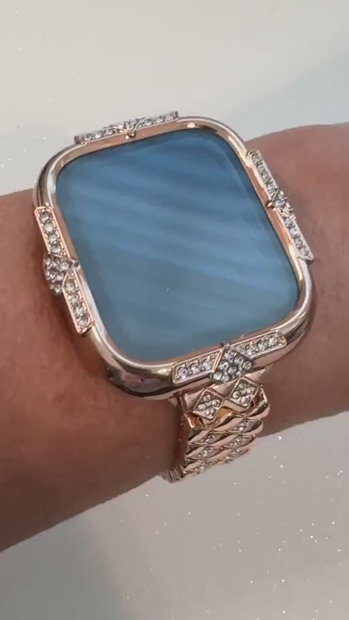 Rose Gold Apple Watch Band Womens Swarovski Crystal Bracelet Minimalist & or Apple Watch Case Iphone Watch Cover 40-46mm Series 10-11