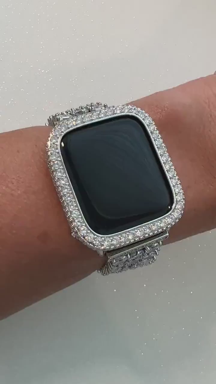 White Gold Apple Watch Band Silver Woman Swarovski Crystal Bracelet & Or Apple Watch Case Lab Diamond Bezel Iphone Watch Cover 38mm-49mm