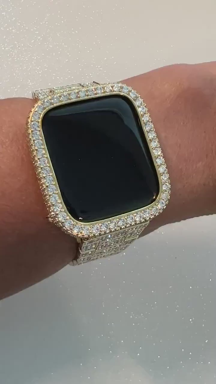 Bling Apple Watch Band Gold Stainless Steel Swarovski Crystals & or Apple Watch Cover Lab Diamond Bezel Iphone Watch Case 38mm-49mm Ultra