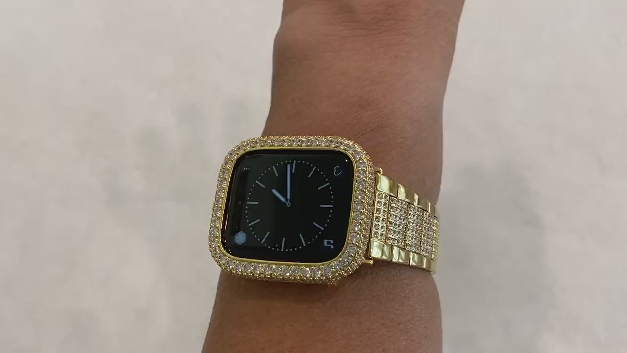Yellow Gold Apple Watch Band Swarovski Crystals 41mm 45mm 49mm Ultra & or Apple Watch Cover Lab Diamond Bezel 38mm-49mm Series 10-11