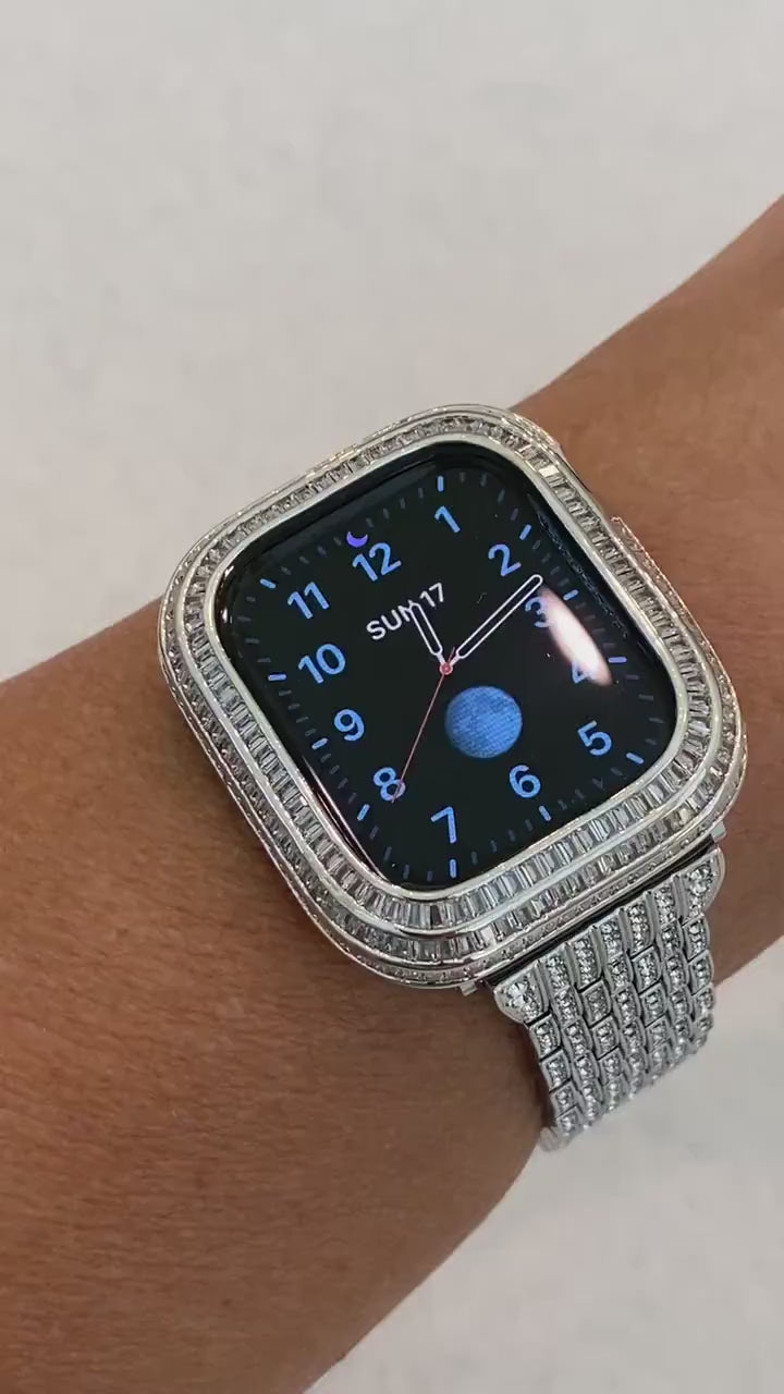 Custom Silver Apple Watch Band Stainless Steel Pave High End Crystals & or Apple Watch Case Lab Diamond Baguette Bezel Bling 40mm-45mm