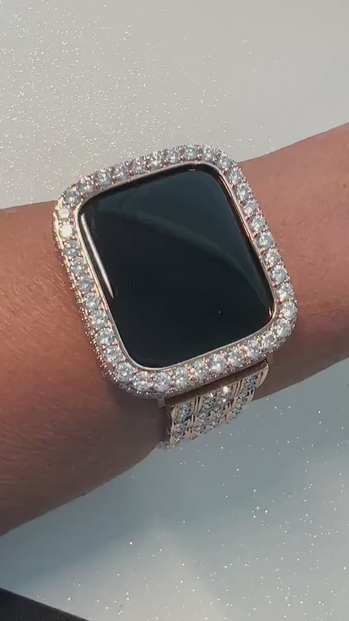 Huge Bling Apple Watch Band Women Rose Gold Stainless Steel Crystals & or Apple Watch Cover Lab Diamond Bezel Case Bling 38mm-45mm